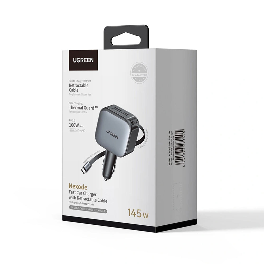 Cargador de Coche con Cable USB-C UGREEN EC604 (55910B) Nexode, 145W, 1 x USB-A - 2 x USB-C, Negro