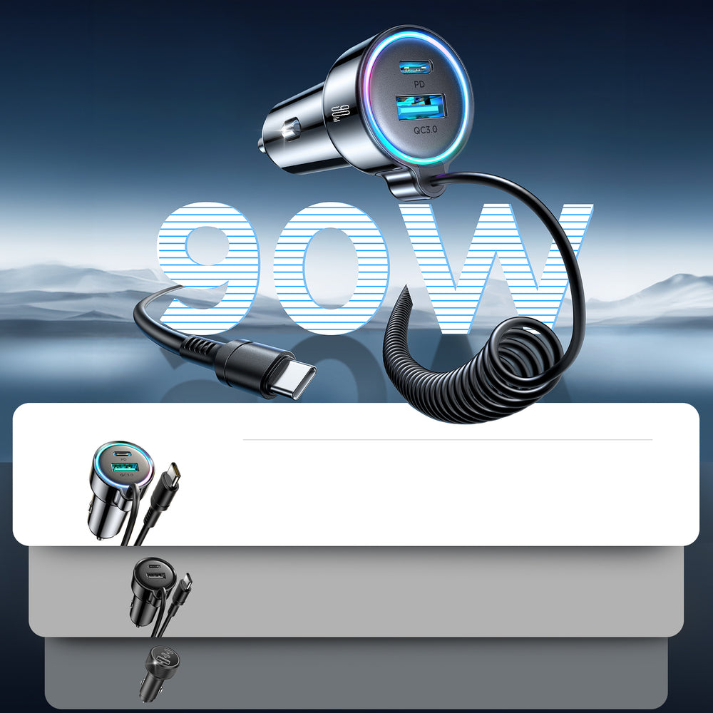 Cargador de Coche con Cable USB-C Joyroom JR-CL07, 90W, 3A, 1 x USB-A - 1 x USB-C, Negro