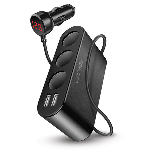 Forever MultiPort Cargador de Coche, 12W, 2.4A, 2 x USB-A - 3 x Extensión de Encendedor, Negro 