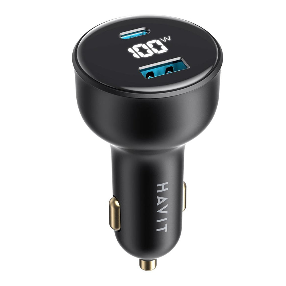 HAVIT CC100W Display Car Charger, 100W, 5A, 1 x USB-A - 1 x USB-C, Black