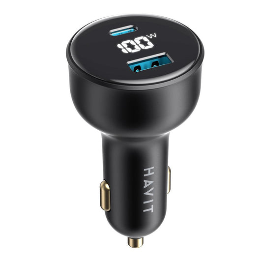 Cargador de Coche HAVIT CC100W Display, 100W, 5A, 1 x USB-A - 1 x USB-C, Negro