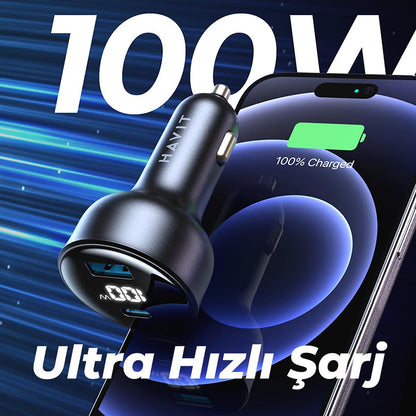 HAVIT CC100W Display Car Charger, 100W, 5A, 1 x USB-A - 1 x USB-C, Black