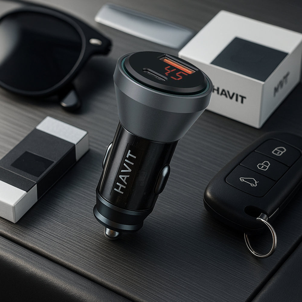 Cargador de coche HAVIT CC2017, 45W, 3A, 1 x USB-A - 1 x USB-C, Negro Azul