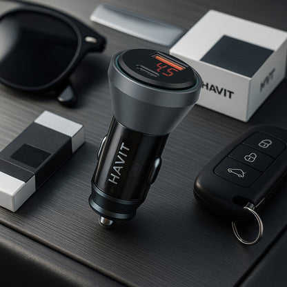 Cargador de coche HAVIT CC2017, 45W, 3A, 1 x USB-A - 1 x USB-C, Negro Azul