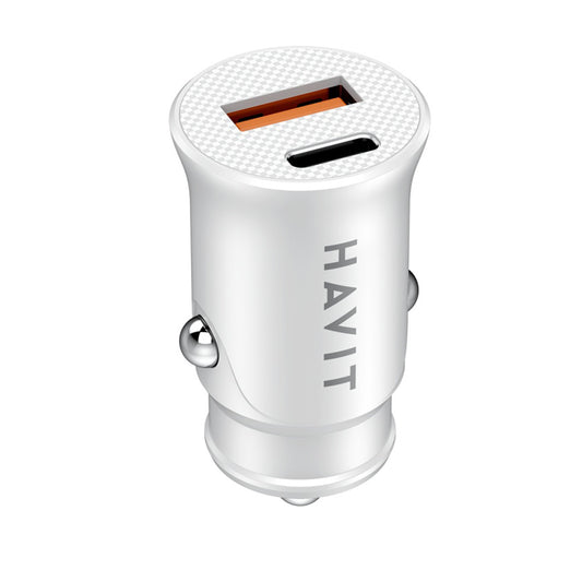 Cargador de coche HAVIT CC2022, 20W, 3A, 1 x USB-A - 1 x USB-C, Blanco