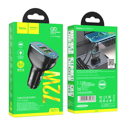 Cargador de coche HOCO Guide NZ11, 72W, 3A, 2 x USB-A - 2 x USB-C, Negro 