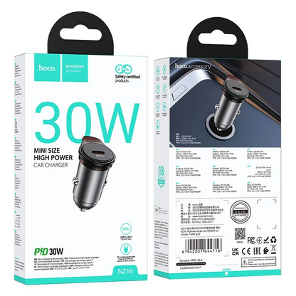 Cargador de coche HOCO NZ16, 30W, 3A, 1 x USB-C, Gris