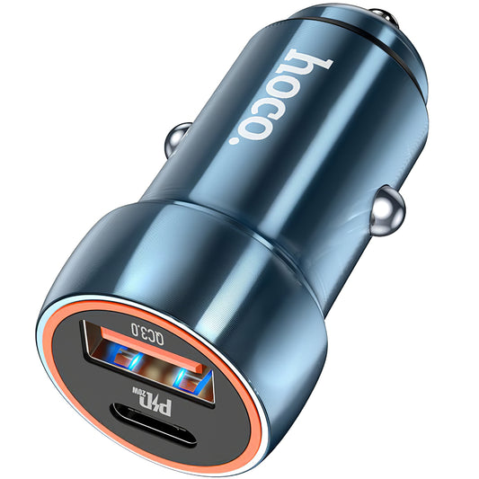 Cargador de coche HOCO Z46A, 20W, 3A, 1 x USB-A - 1 x USB-C, Azul