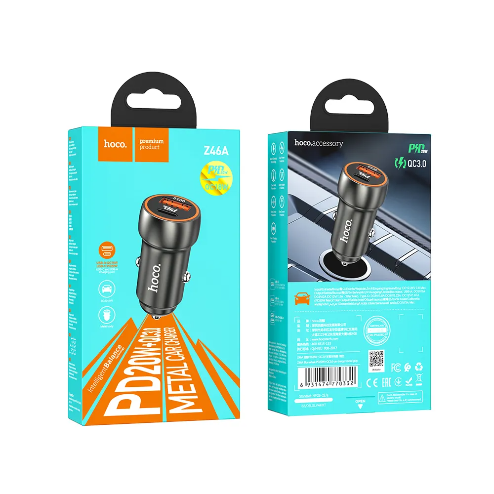 Cargador de coche HOCO Z46A, 20W, 3A, 1 x USB-A - 1 x USB-C, Gris 