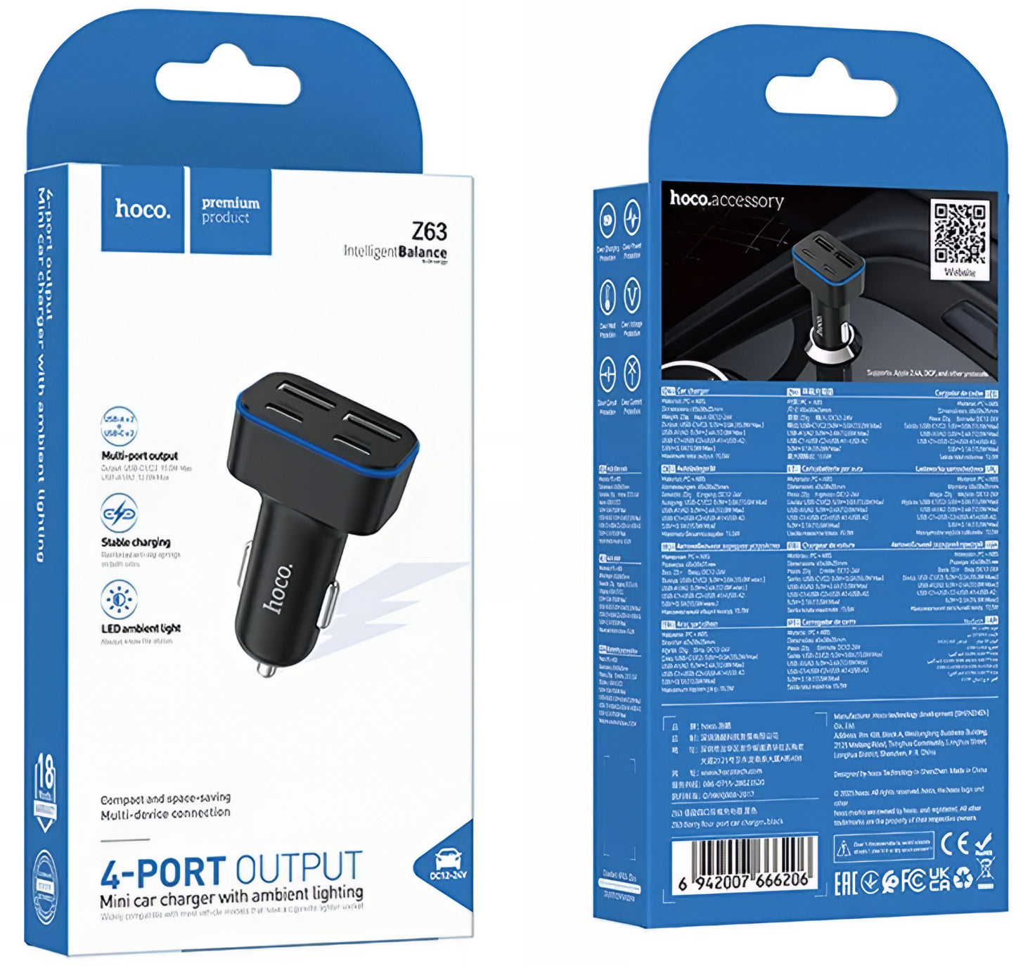 Cargador de coche HOCO Z63, 42W, 3A, 2 x USB-A - 2 x USB-C, Negro