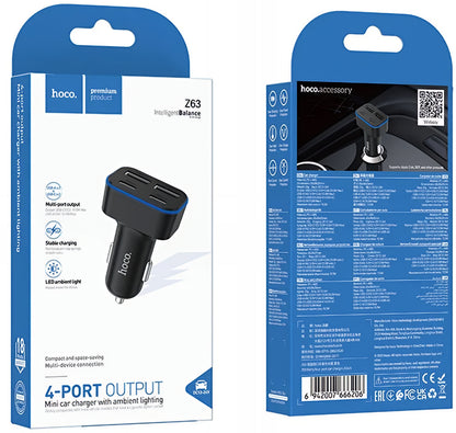 Cargador de coche HOCO Z63, 42W, 3A, 2 x USB-A - 2 x USB-C, Negro