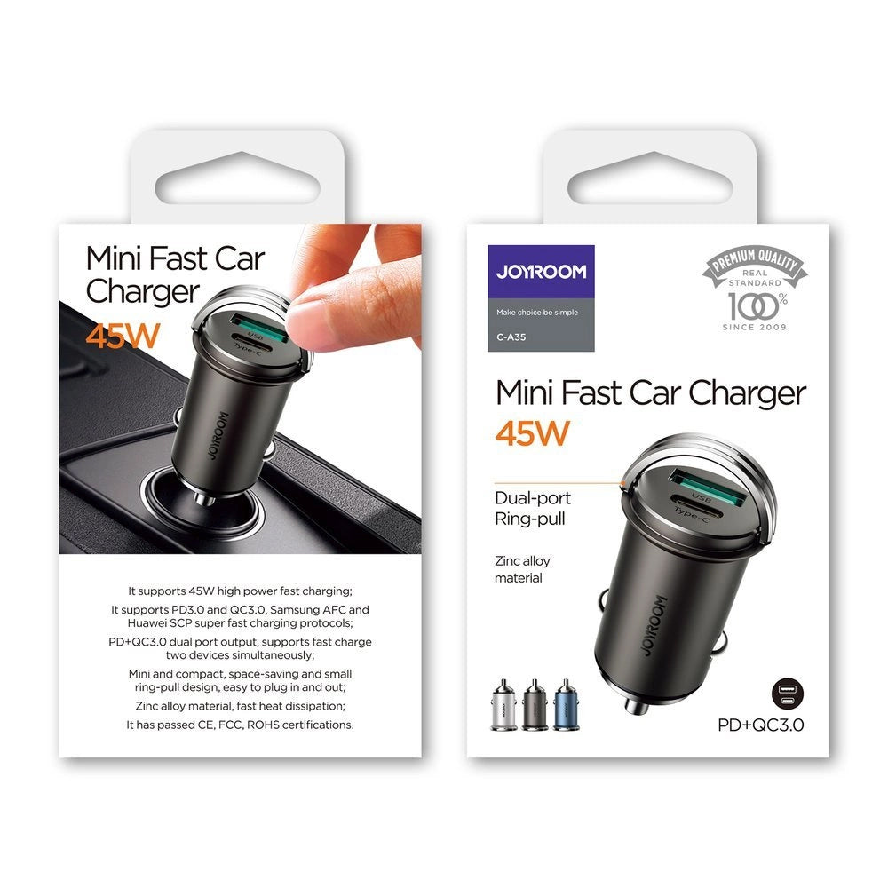 Cargador de coche Joyroom C-A35, 45W, 5A, 1 x USB-A - 1 x USB-C, Gris