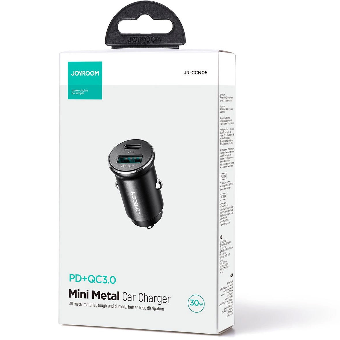 Cargador de coche Joyroom JR-CCN05, 30W, 3A, 1 x USB-A - 1 x USB-C, Negro