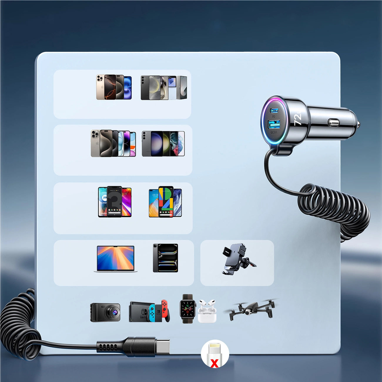 Cargador de Coche con Cable USB-C Joyroom JR-CL07, 72W, 3A, 1 x USB-A - 1 x USB-C, Negro