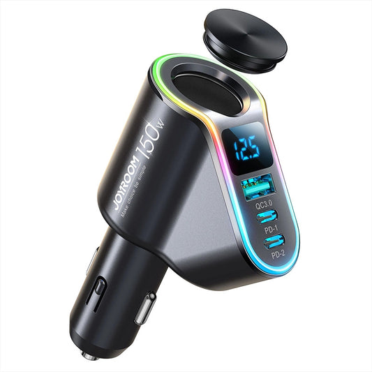 Cargador de coche Joyroom JR-CL21, 150W, 3A, 1 x Extensión de encendedor - 1 x USB-A - 2 x USB-C, Negro