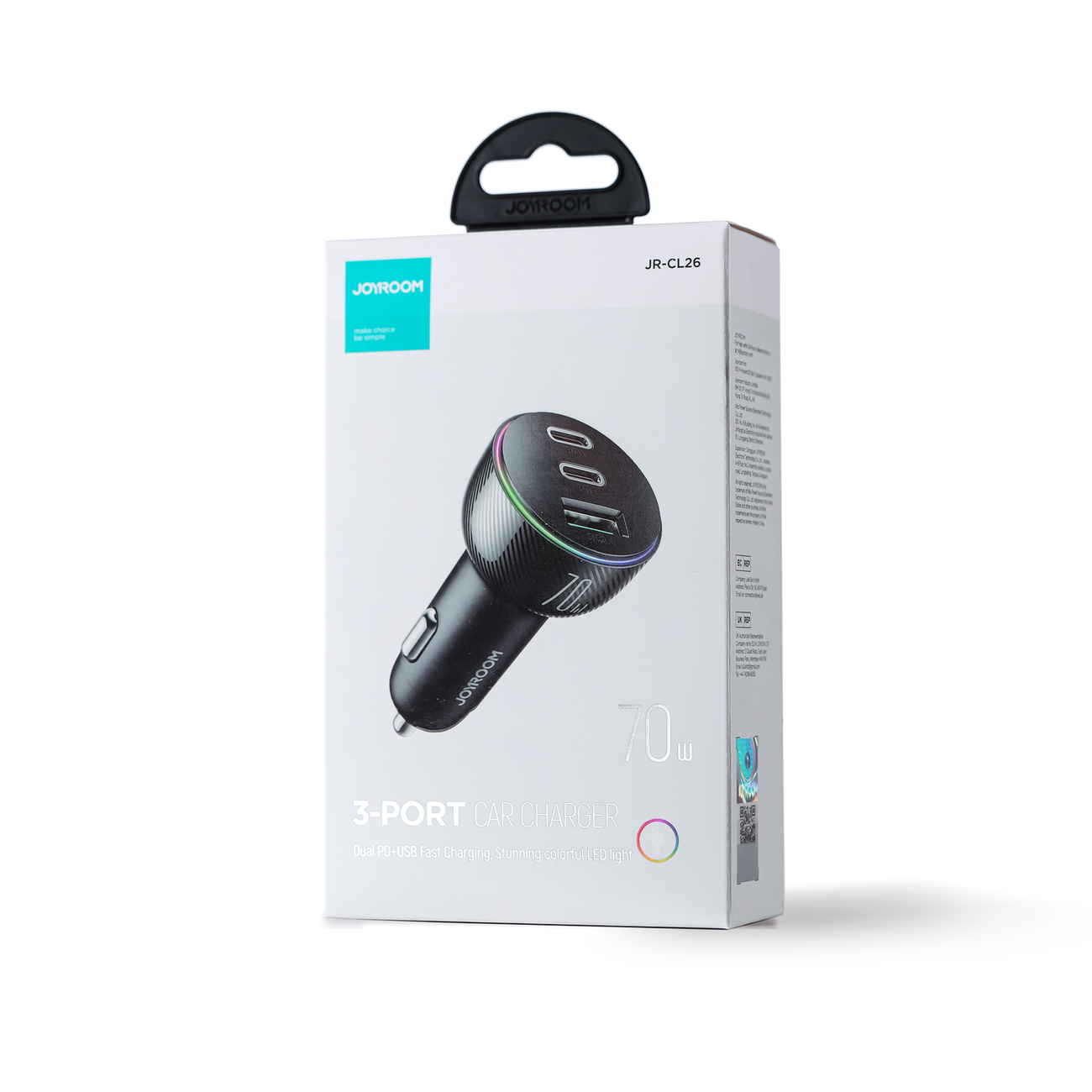 Cargador de coche Joyroom JR-CL26, 70W, 4.8A, 1 x USB-A - 2 x USB-C, Negro