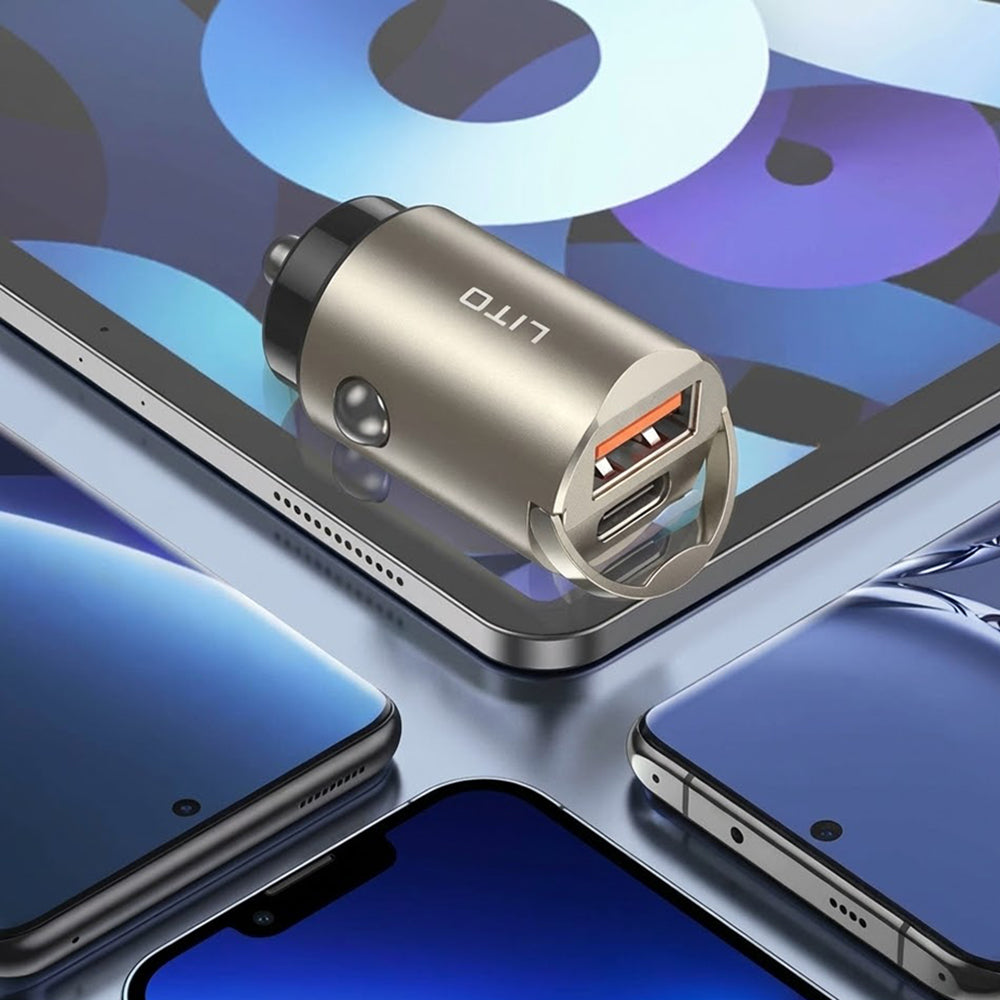 Cargador de coche Lito IN-C03, 30W, 3A, 1 x USB-A - 1 x USB-C, Gris