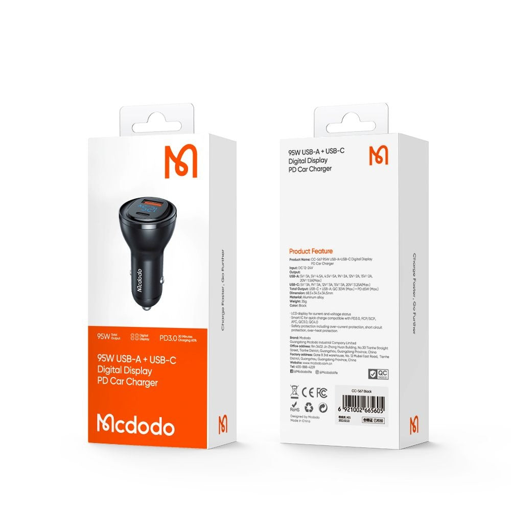 Cargador de coche McDodo CC-5670 Display, 95W, 5A, 1 x USB-A - 1 x USB-C, Negro