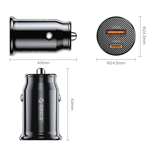 Cargador de Coche Orico PowerMini, 30W, 3A, 1 x USB-A - 1 x USB-C, Negro