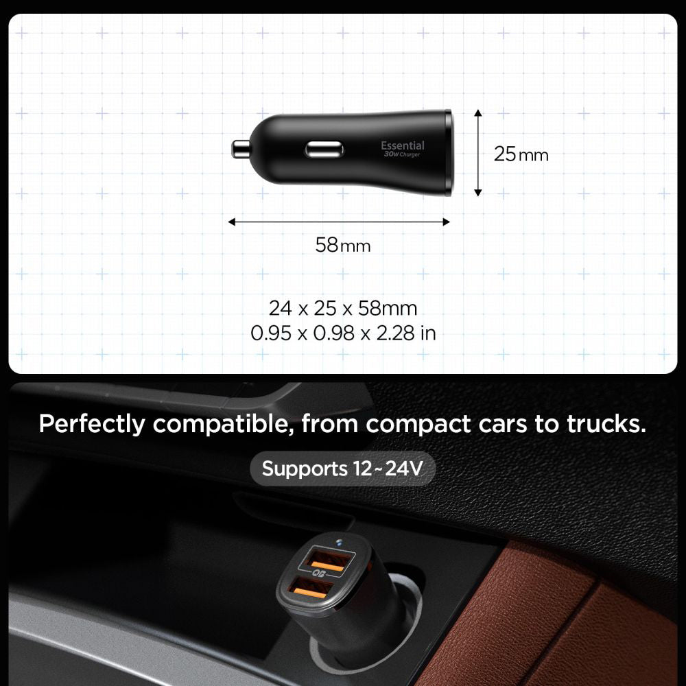 Cargador de Coche Spigen EV302 Essential, 30W, 3A, 2 x USB-A, Negro