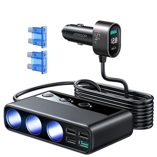 Cargador de coche Joyroom JR-CL06, 154W, 3A, 1 x USB-C - 4 x Extensión de mechero - 4 x USB-A, Negro JYR058BLK JYR058BLK