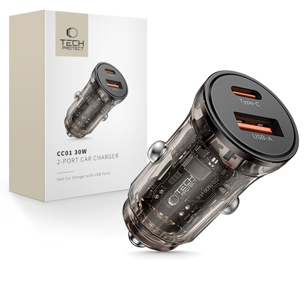 Cargador de coche Tech-Protect CC01, 30W, 3A, 1 x USB-A - 1 x USB-C, Negro