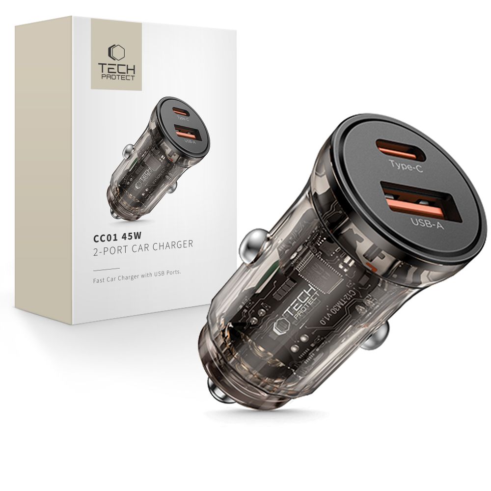 Cargador de coche Tech-Protect CC01, 45W, 5A, 1 x USB-A - 1 x USB-C, Negro