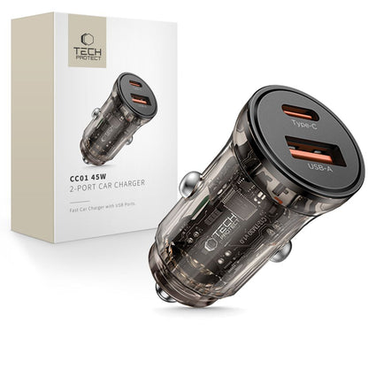 Cargador de coche Tech-Protect CC01, 45W, 5A, 1 x USB-A - 1 x USB-C, Negro