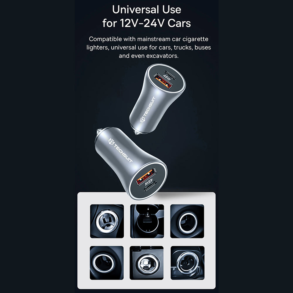 Cargador de coche Techsuit C3 RescueVolt, 48W, 3A, 1 x USB-A - 1 x USB-C, Gris