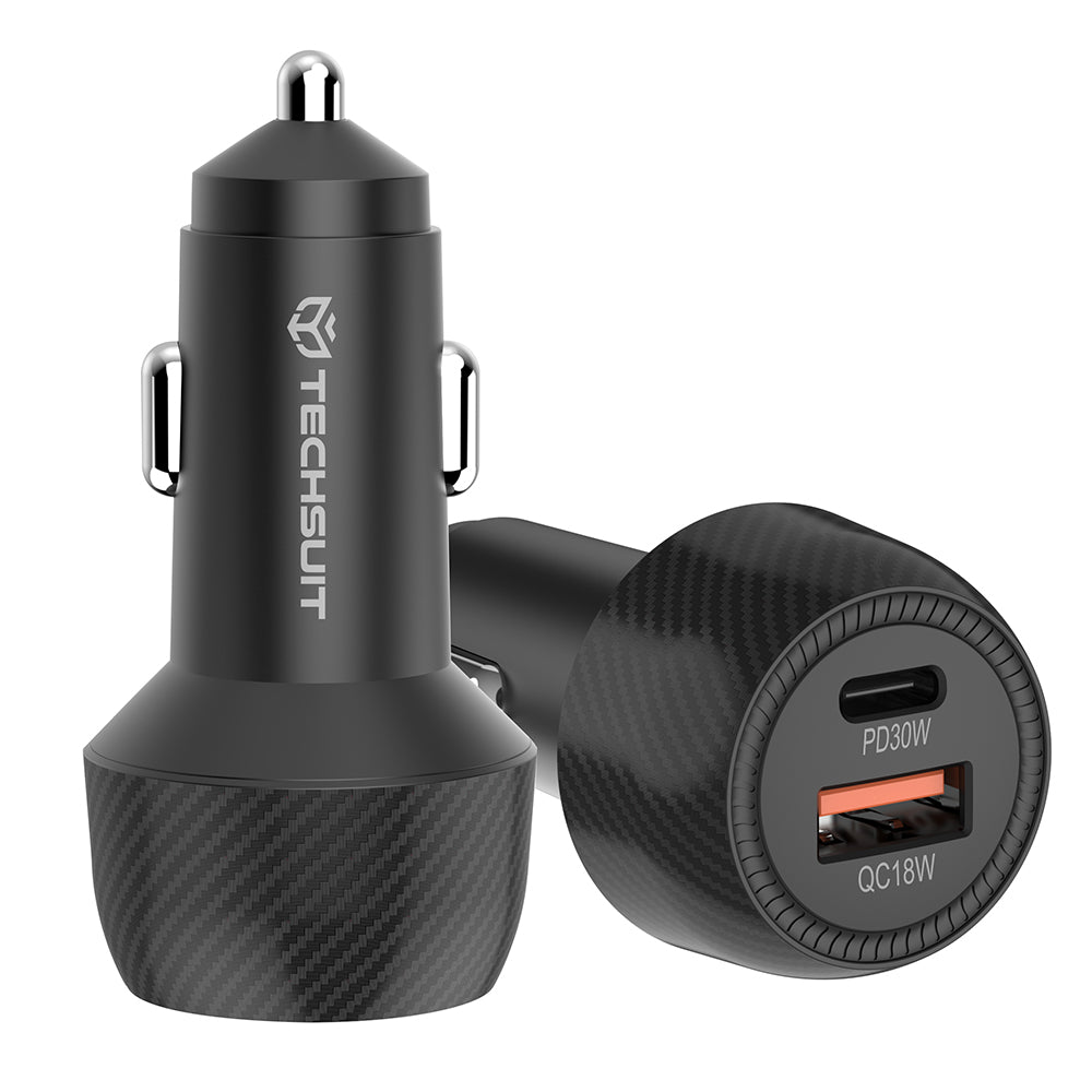 Cargador de coche Techsuit C7 CarbonVolt, 48W, 3A, 1 x USB-A - 1 x USB-C, Negro