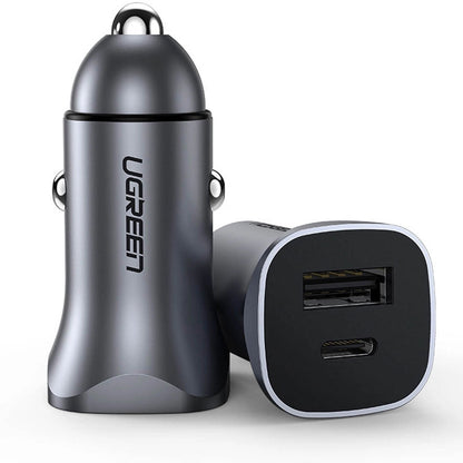 Cargador de coche UGREEN CD130, 30W, 3A, 1 x USB-A - 1 x USB-C, Gris 