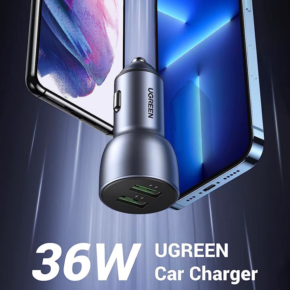 Cargador de coche UGREEN CD213, 36W, 3A, 2 x USB-A, Gris 