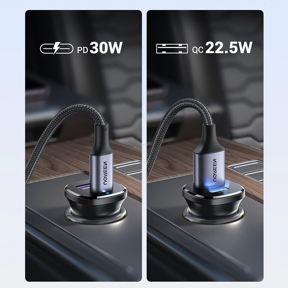 Cargador de Coche UGREEN EC305, 30W, 3A, 1 x USB-A - 1 x USB-C, Negro