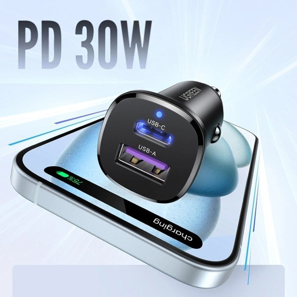 Cargador de Coche UGREEN EC305, 30W, 3A, 1 x USB-A - 1 x USB-C, Negro