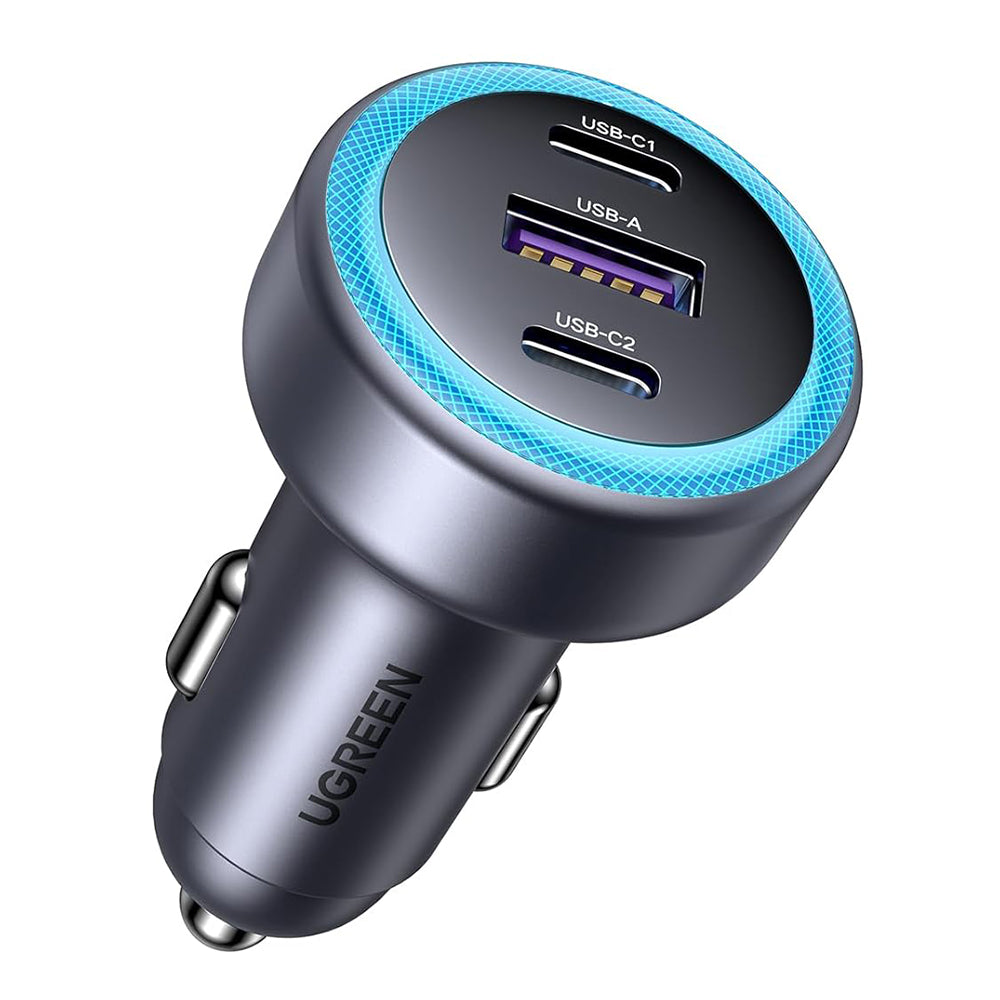 Cargador de coche UGREEN EC307, 30W, 3A, 1 x USB-A - 2 x USB-C, Gris