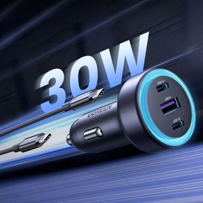 Cargador de coche UGREEN EC307, 30W, 3A, 1 x USB-A - 2 x USB-C, Gris