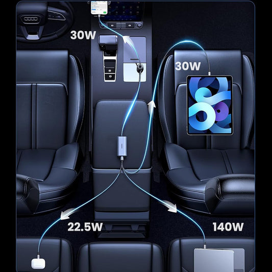 Cargador de Coche UGREEN EC706, 150W, 5A, 1 x USB-A - 3 x USB-C, Negro