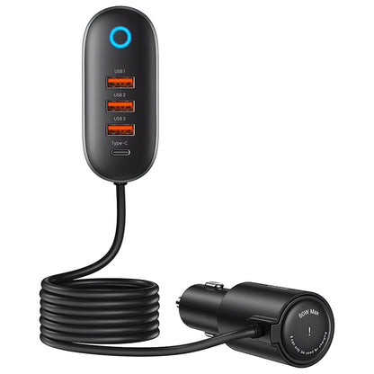 Cargador de coche Usams US-CC161, 156W, 3A, 1 x Extensión de mechero - 1 x USB-C - 3 x USB-A, Negro 