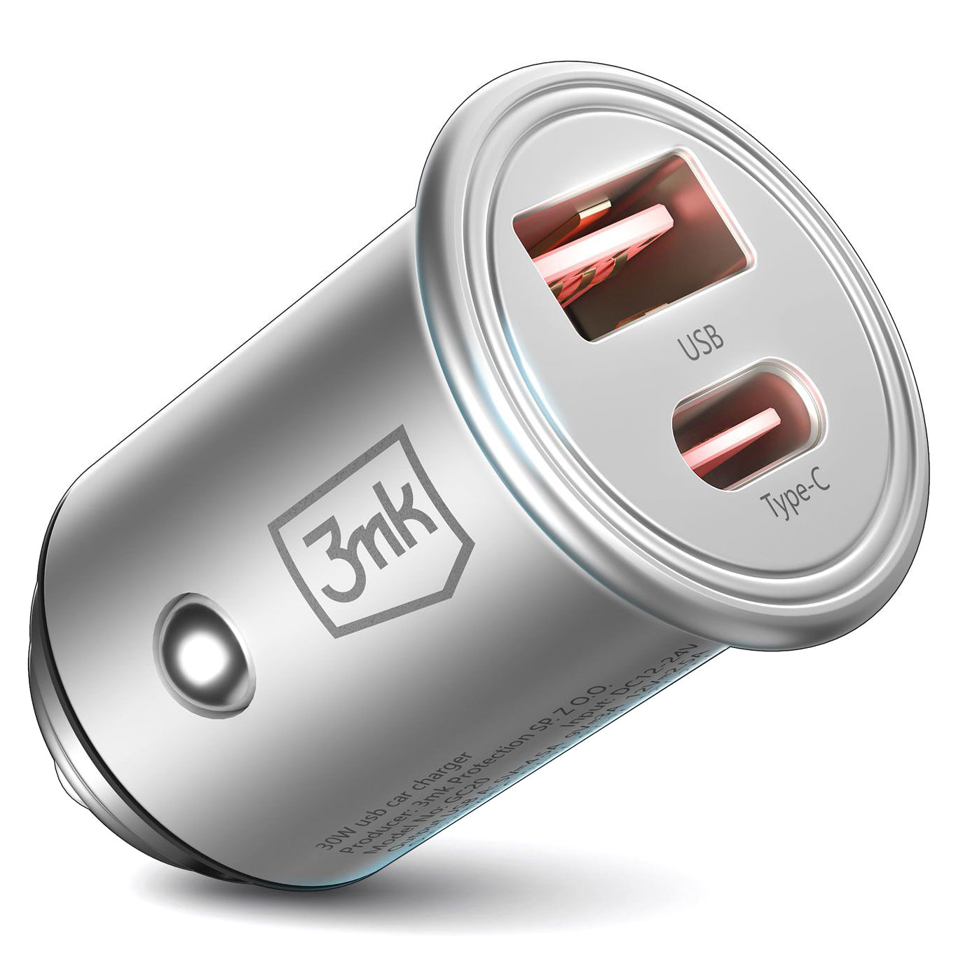 Cargador de coche 3MK HyperCharger, 30W, 5A, 1 x USB-A - 1 x USB-C, Plata