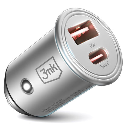 Cargador de coche 3MK HyperCharger, 30W, 5A, 1 x USB-A - 1 x USB-C, Plata