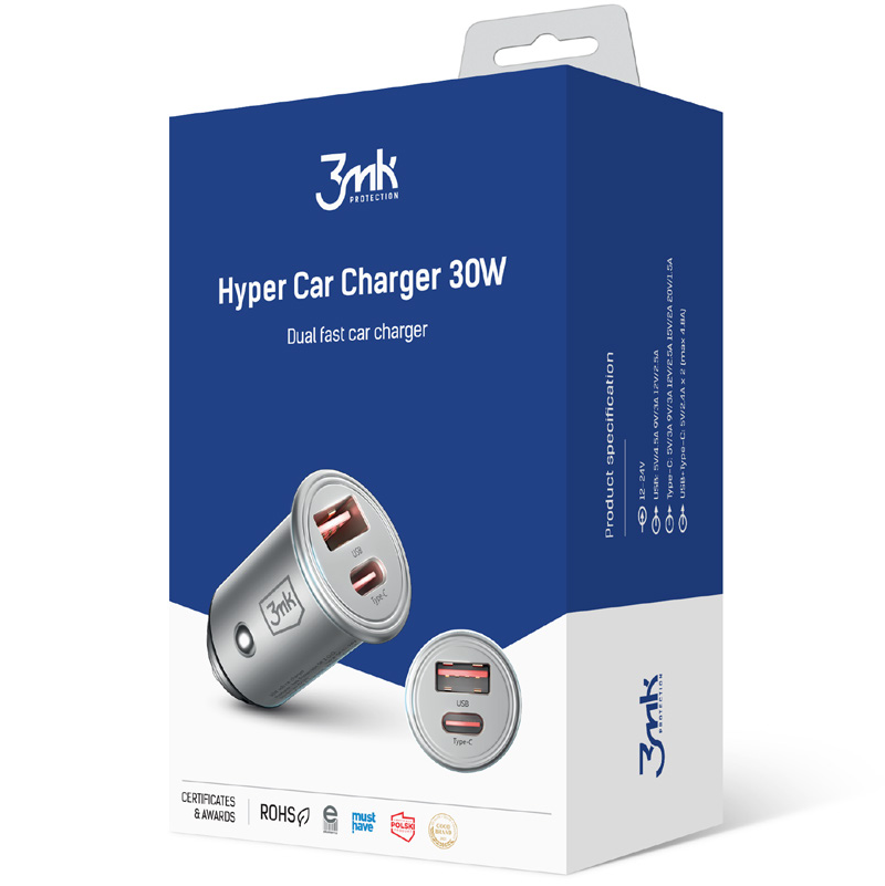 Cargador de coche 3MK HyperCharger, 30W, 5A, 1 x USB-A - 1 x USB-C, Plata