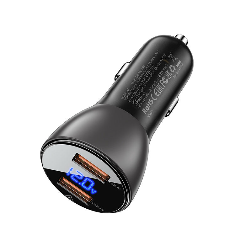 Cargador de coche Acefast B7, 45W, 4.5A, 2 x USB-A, Negro