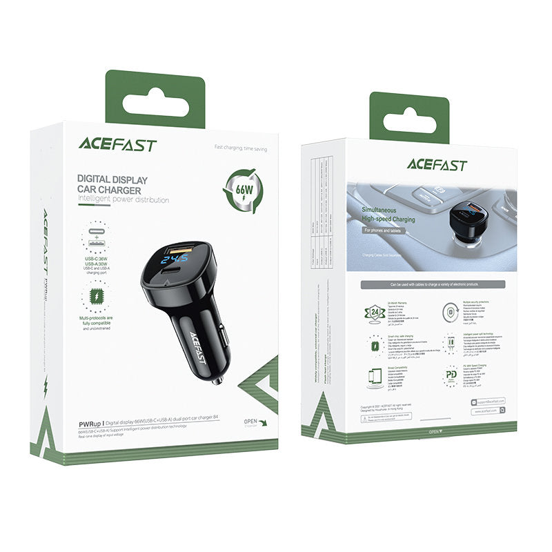 Cargador de coche Acefast B4, 66W, 3A, 1 x USB-A - 1 x USB-C, Negro