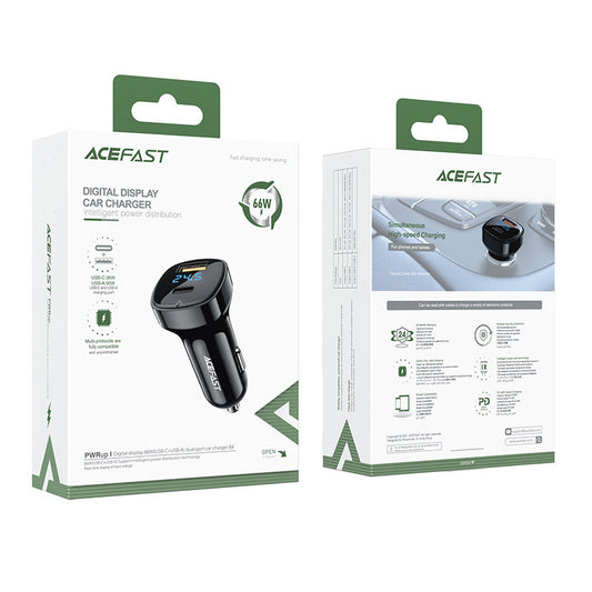 Cargador de coche Acefast B4, 66W, 3A, 1 x USB-A - 1 x USB-C, Negro