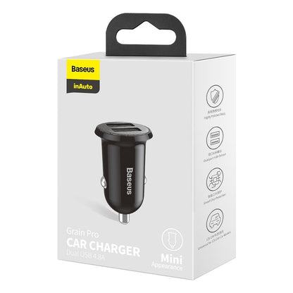 Cargador de coche Baseus Grain Pro, 24W, 2.4A, 2 x USB-A, Negro CCALLP-01