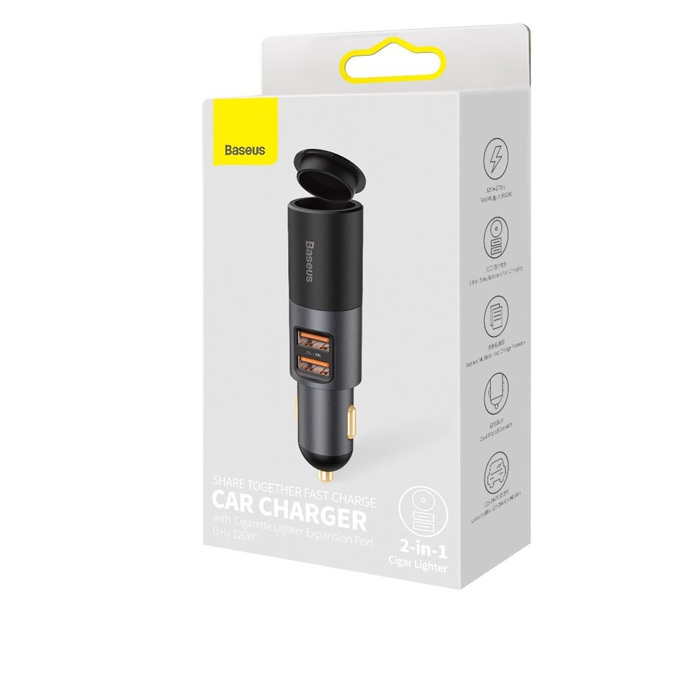 Baseus Share Together Cargador de coche, 120W, 3A, 1 x Extensión de mechero - 2 x USB-A, Negro CCBT-D0G CCBT-D0G