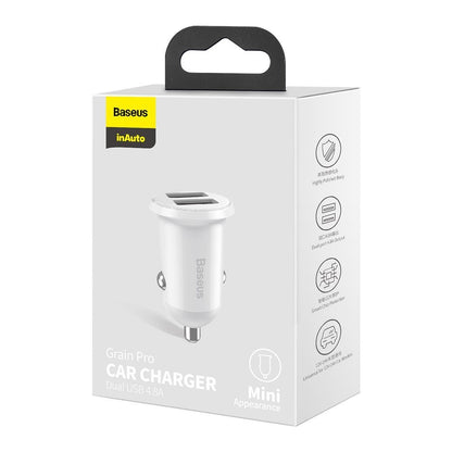 Cargador de coche Baseus Grain Pro, 24W, 2.4A, 2 x USB-A, Blanco CCALLP-02 