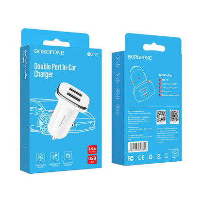 Cargador de coche Borofone BZ12, 12W, 2,4A, 2 x USB-A, Blanco