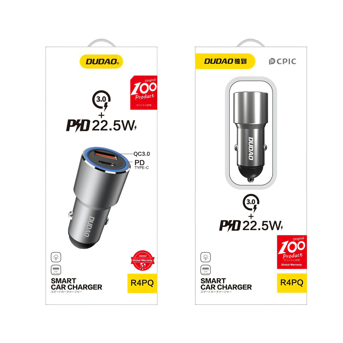 Cargador de coche USB Dudao R4PQ, 1 X USB - 1 X USB Tipo-C, 22.5 W, Carga rápida - Power Delivery, Gris