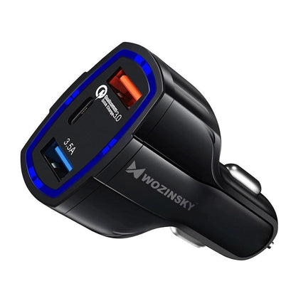 Cargador de coche WZK WCC-01, 36W, 3,5A, 1 x USB-C - 2 x USB-A, Negro